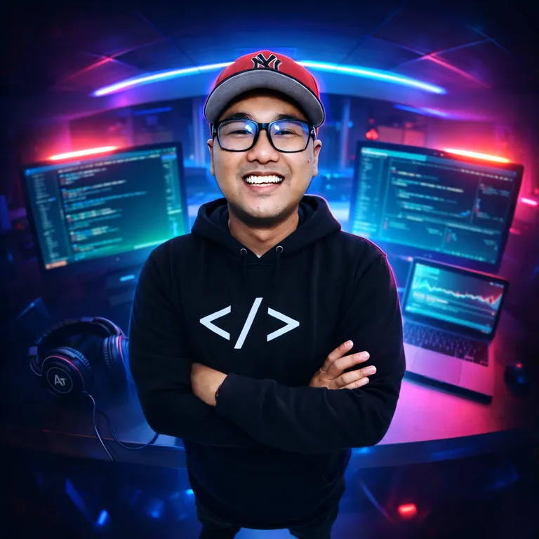Hafiz smiling in a neon-lit workspace with code displayed on the monitors behind him.